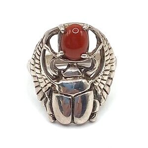 Vintage SCARAB Beetle Sterling Silver Carnelian Stone Ring Sz8